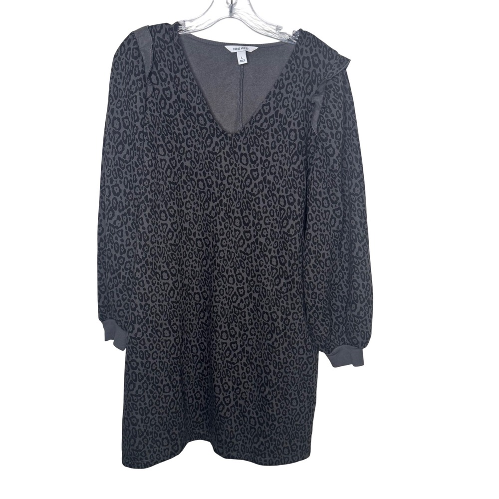Nine West Leopard Print Long Sleeve‎ V Neck Casual Dress Women Size L